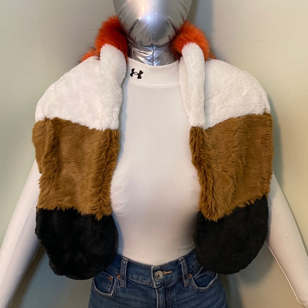 Faux Fur Colorblock Scarf with Orange Trim